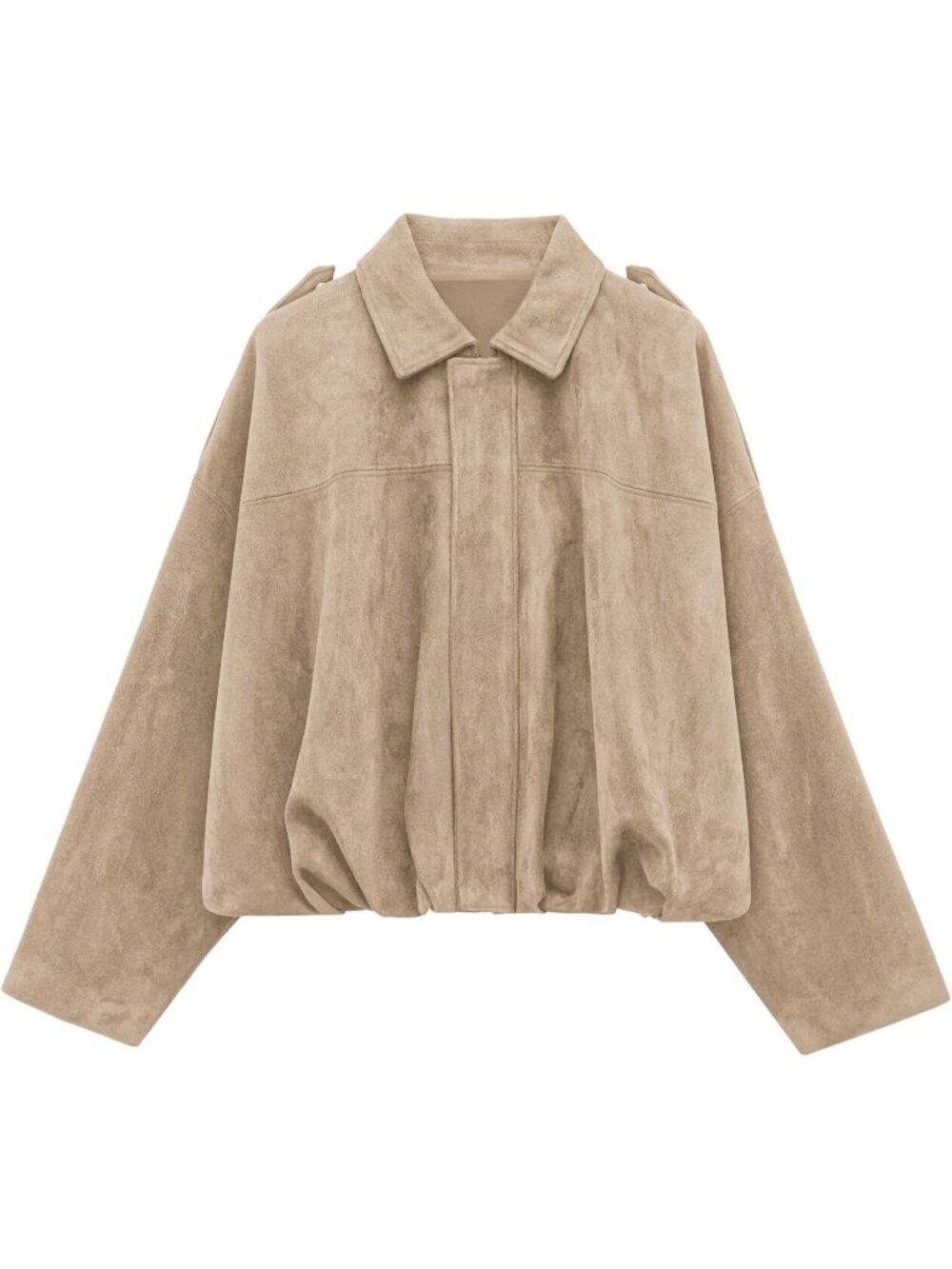 Women's Beige Faux Suede Cropped Bomber Jacket Long Sleeve ZIP Up Coat
